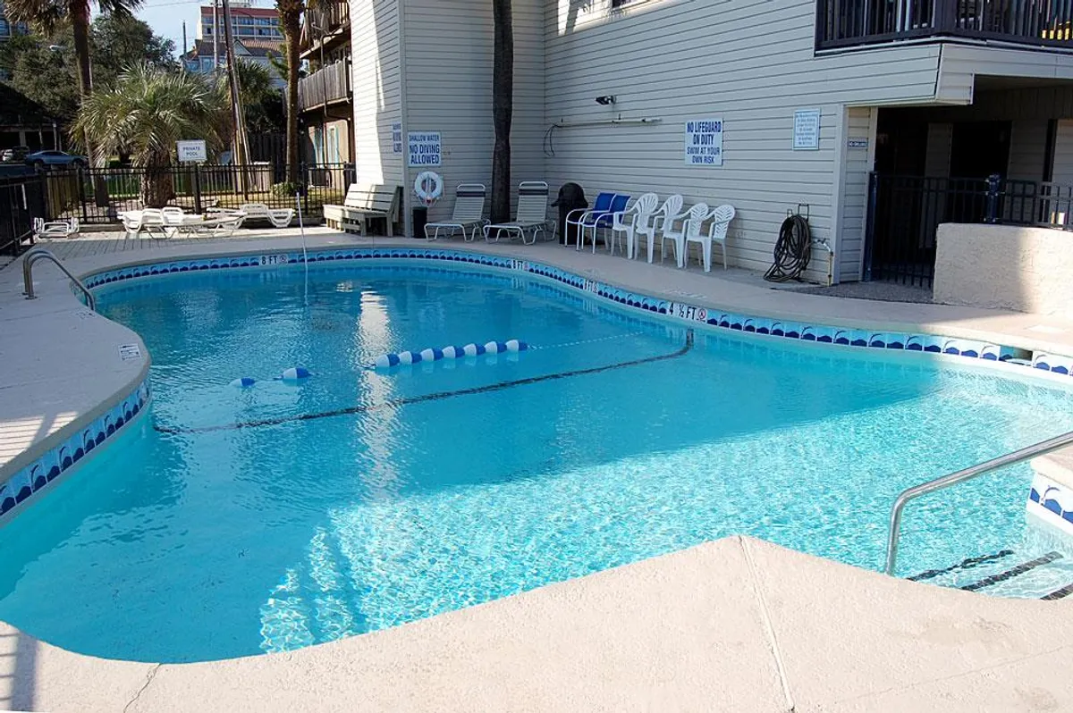 A sparkling swimming pool surrounded by palm trees and poolside chairs, inviting guests to relax, swim, or gather as a group. The pool’s serenity underscores the leisurely pace of a beachfront getaway.