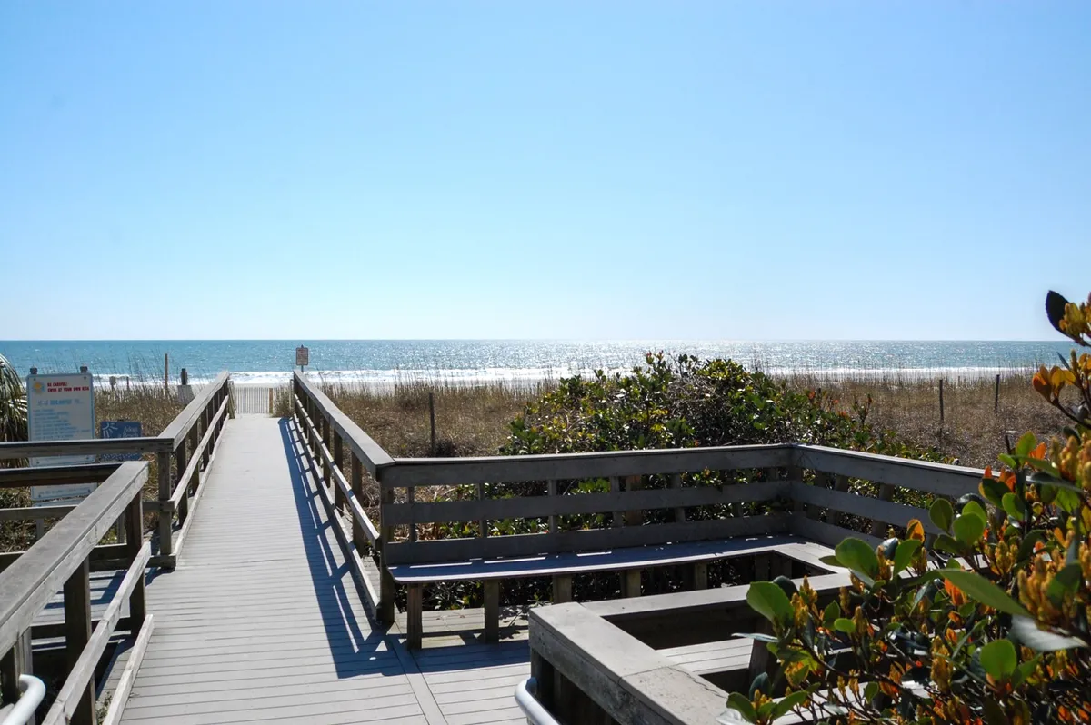A wooden boardwalk extends toward expansive ocean views, flanked by dune grass and coastal foliage. The scene is serene, promising leisurely walks, sunrise vistas, and moments spent appreciating nature. The relaxed atmosphere invites exploration and outdoor enjoyment.